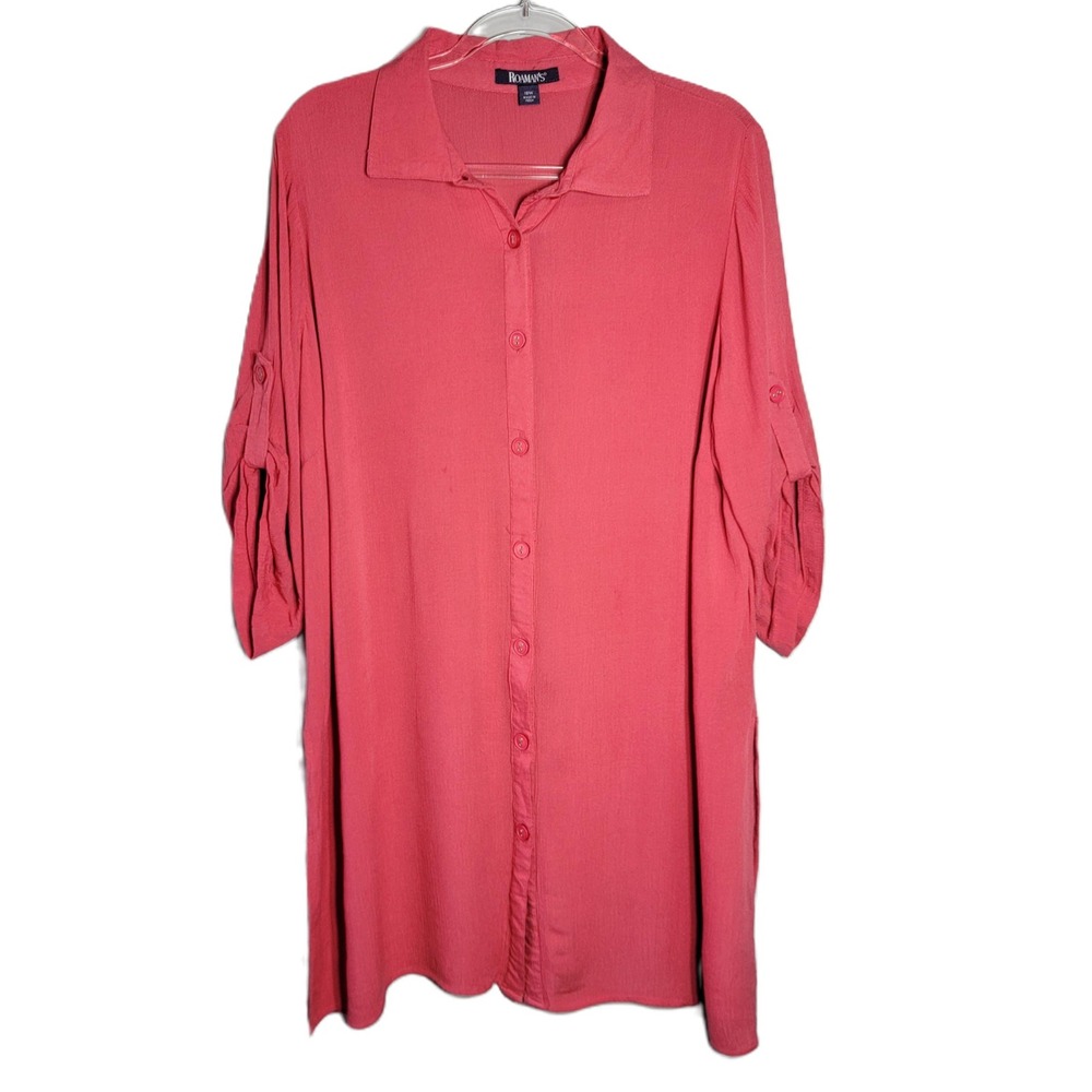 ROAMANS Coral Button Down Roll Tab Sleeve Tunic Top Plus Size 18W